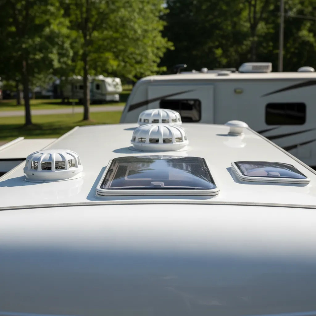 Close view of RV roof vent caps and ventilation layout