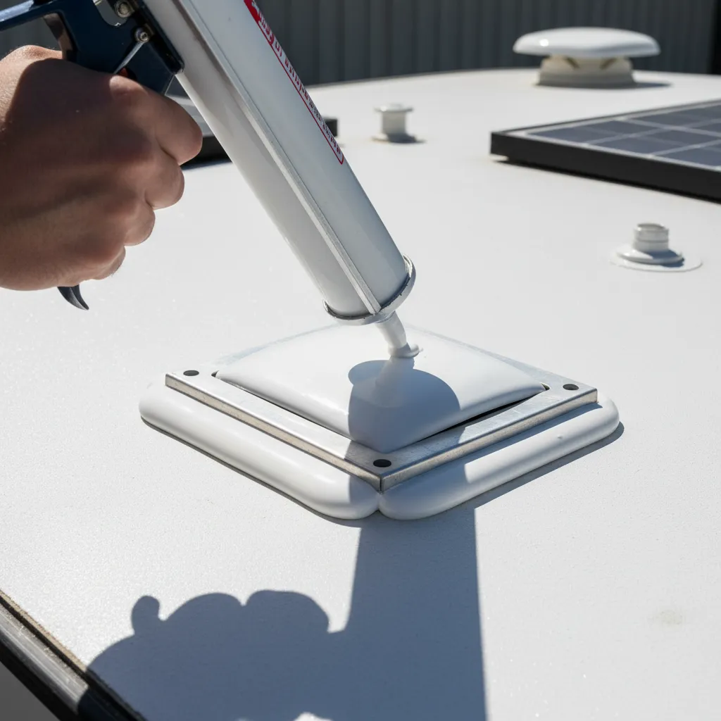 Applying sealant around RV roof vent flange to stop leaks