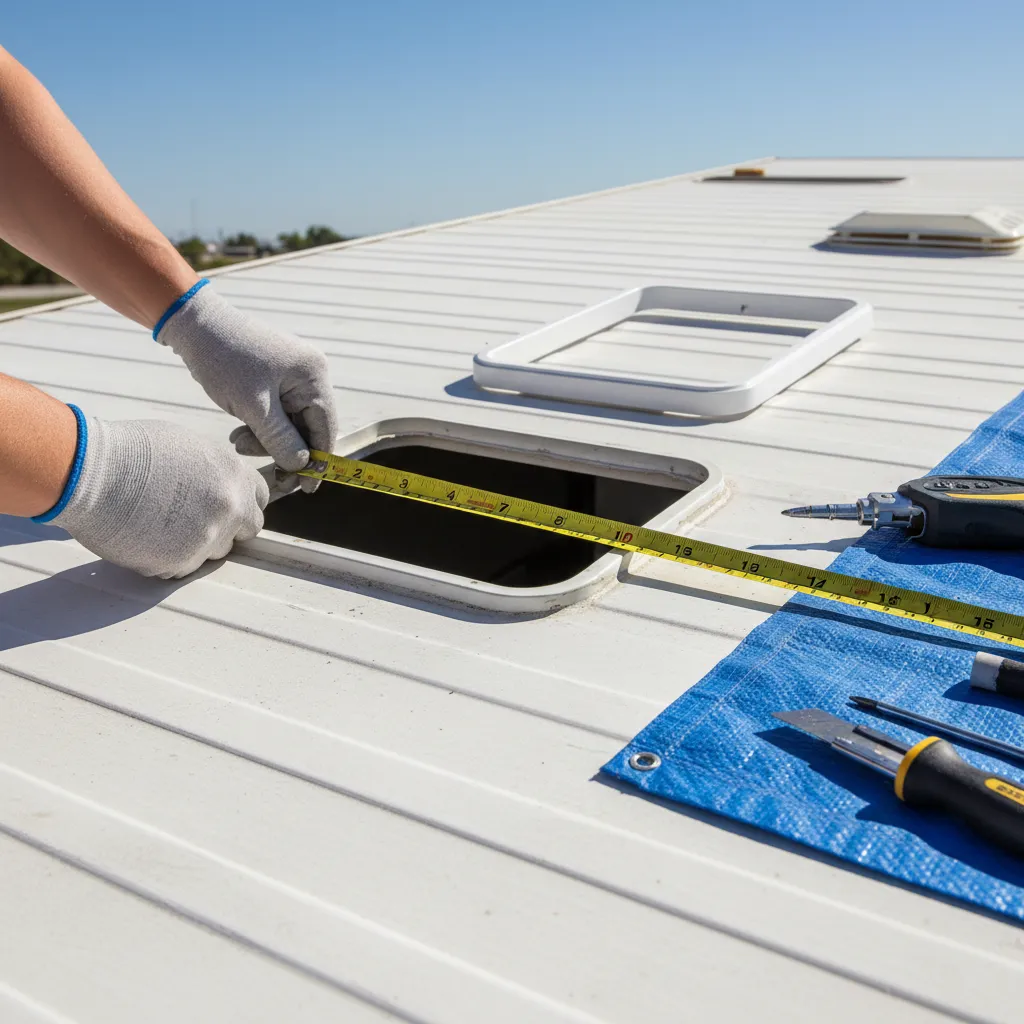 Measuring a 14x14 inch RV roof vent opening during maintenance