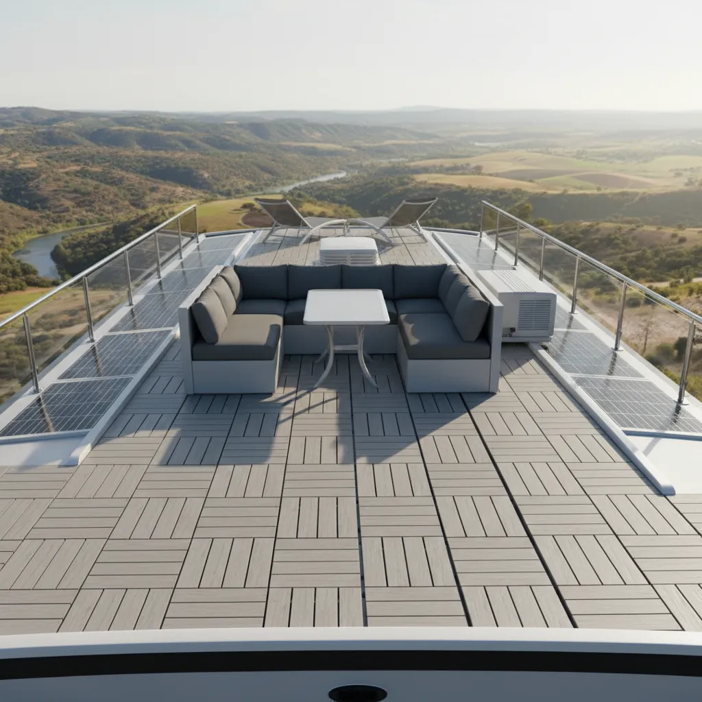 RV roof deck with raised modular tiles allowing water drainage