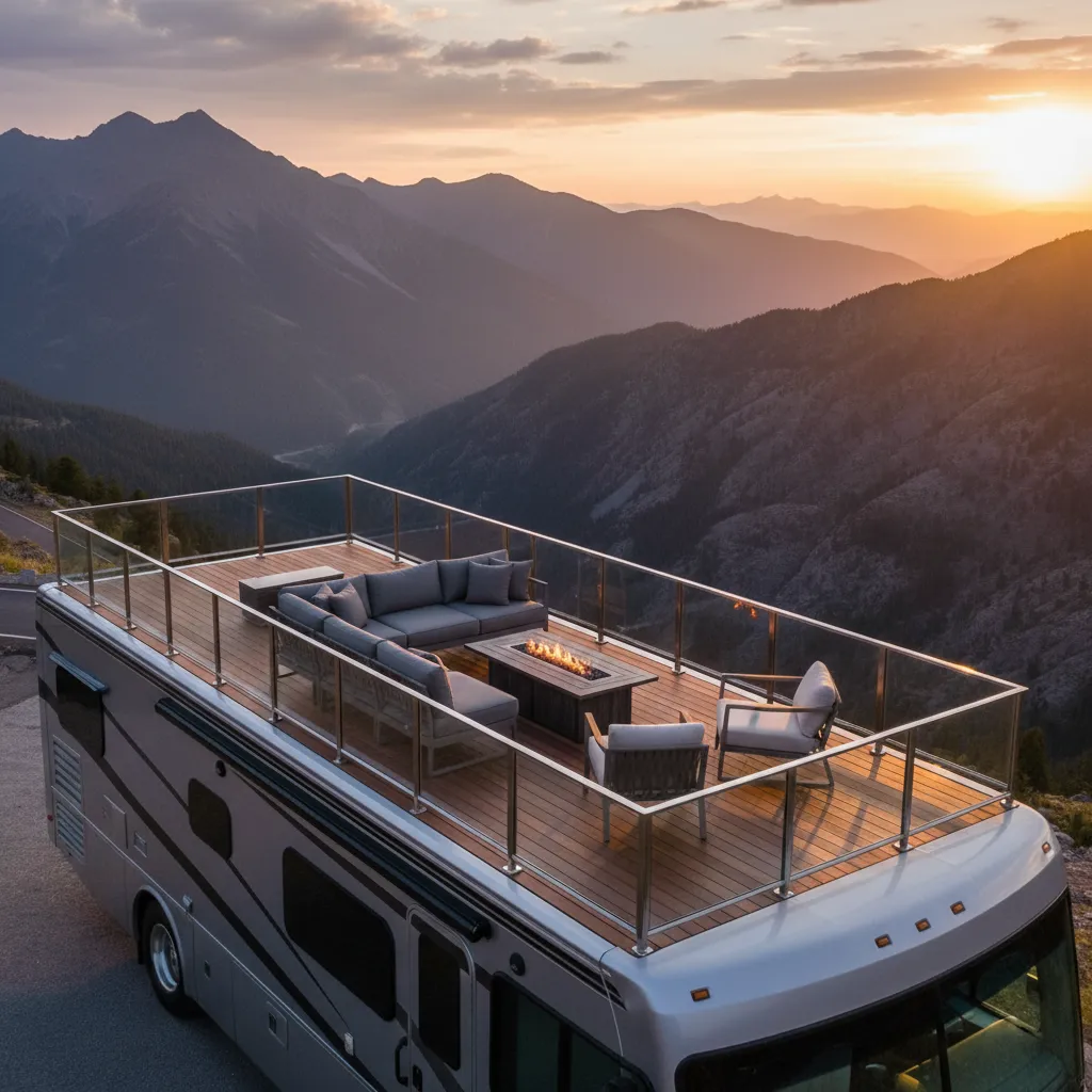 Motorhome rooftop deck with seating and safety railing