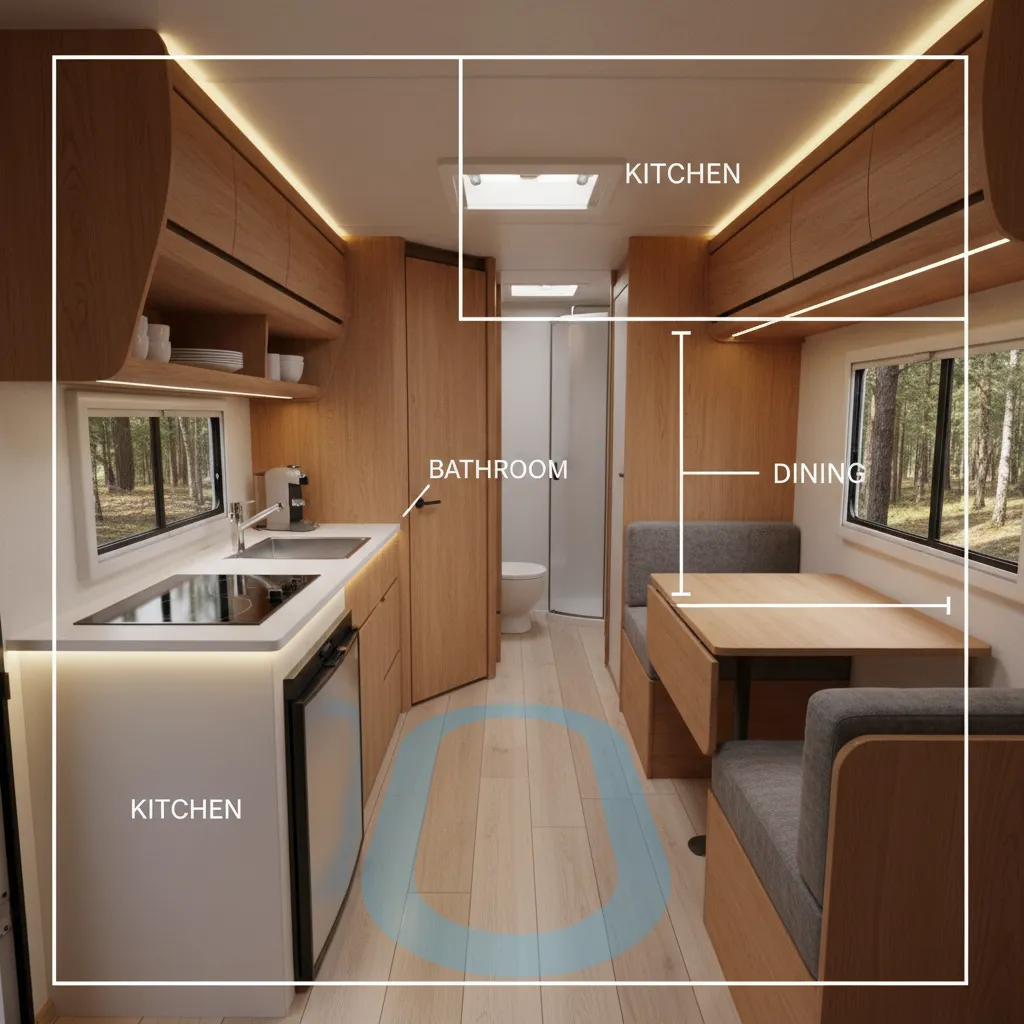 Travel trailer interior layout showing walking paths and circulation space