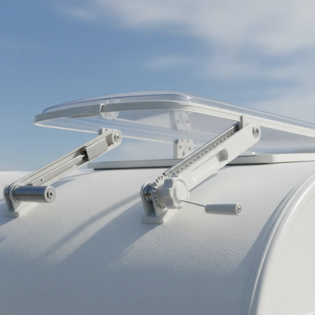 RV roof vent hinge and lift arm mechanism detail