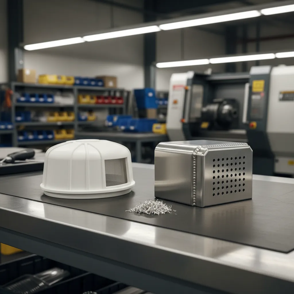 Plastic and aluminum RV vent cap components displayed side by side