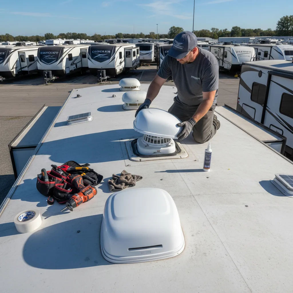 Installing a new RV roof vent cap during maintenance