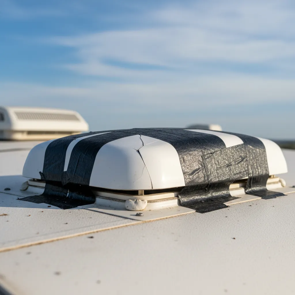 Temporary tape repair on broken RV roof vent cover during travel