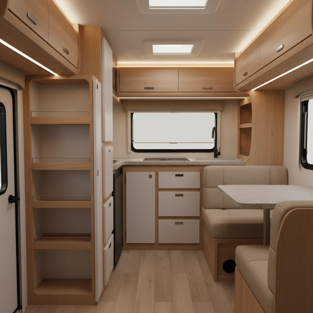 Small camper interior with overhead cabinets and vertical storage
