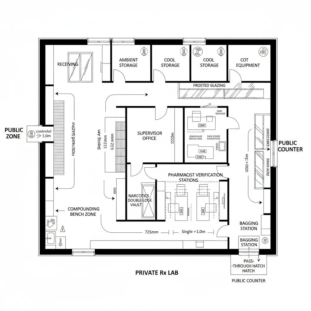 Detailed floor plan layout of a pharmacy lab showing storage rooms and several work stations.