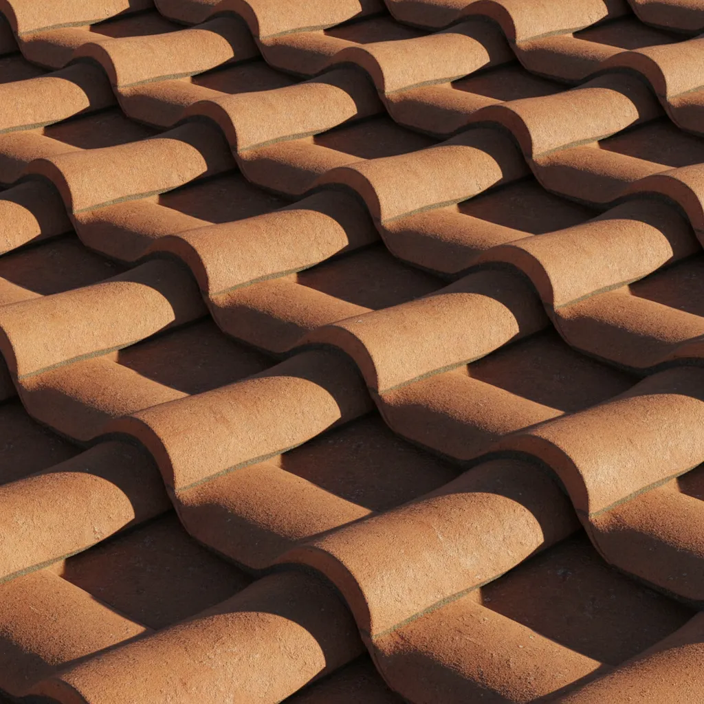 close view of S curve clay roof tiles forming wave drainage channels