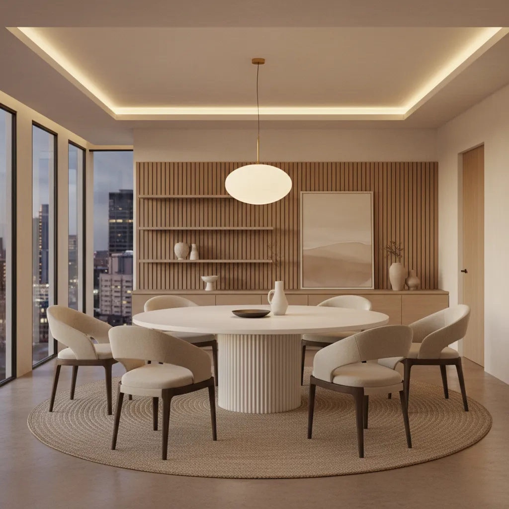 Comedor moderno con mesa pedestal y sillas curvas