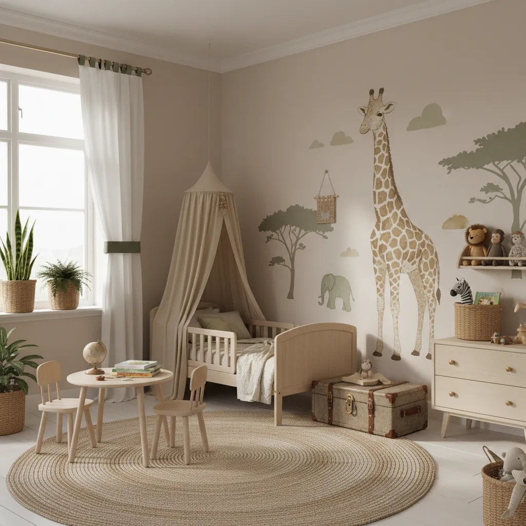safari themed kids bedroom with giraffe decor and natural textures