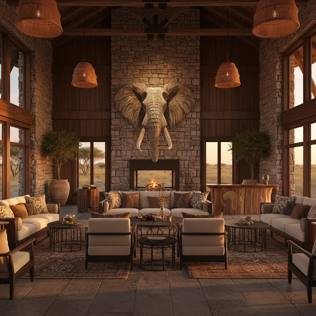 Safari themed resort lobby featuring elephant head wall decor