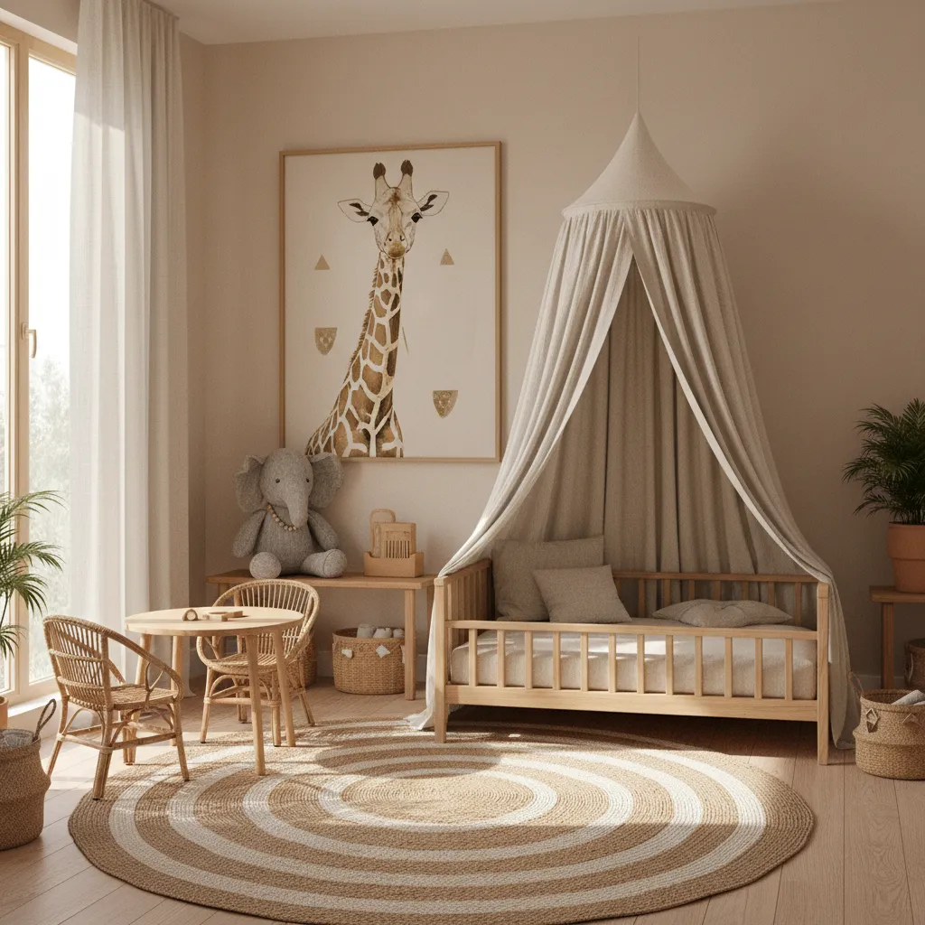 safari themed kids bedroom with giraffe elephant decor and warm earth tones