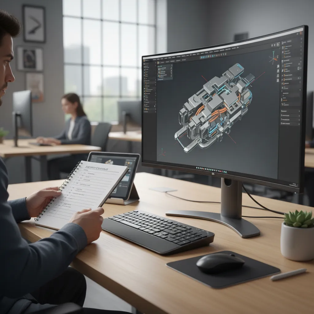 Designer reviewing a checklist before opening a 3D model on a computer
