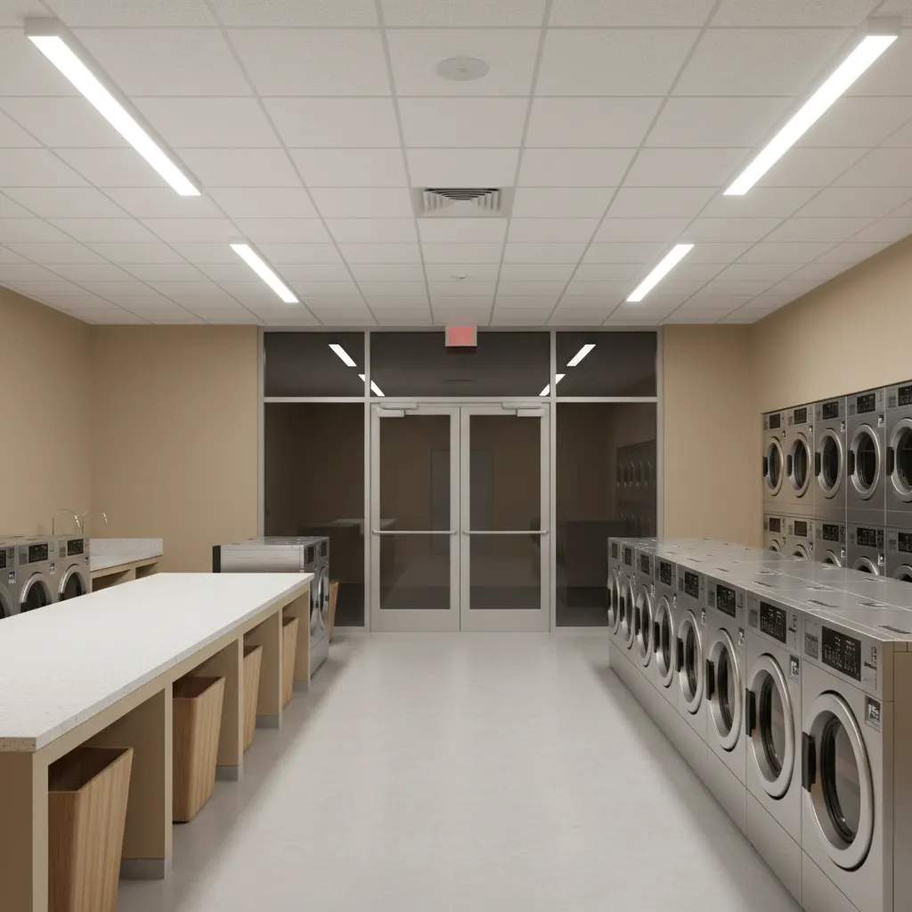 Well-lit apartment laundry room with glass door entrance and open design