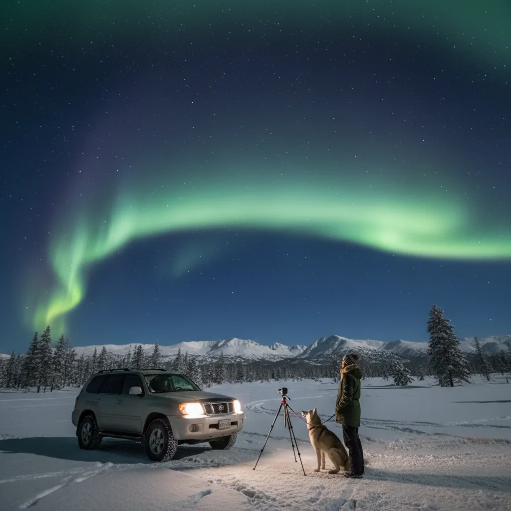 Night aurora viewing setup with car nearby dog on leash and open snowy field