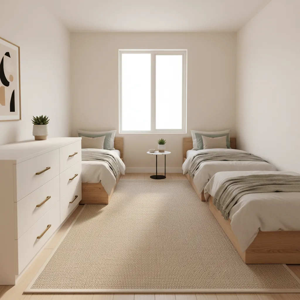 Bedroom furniture layout showing anchored storage and safe bed placement