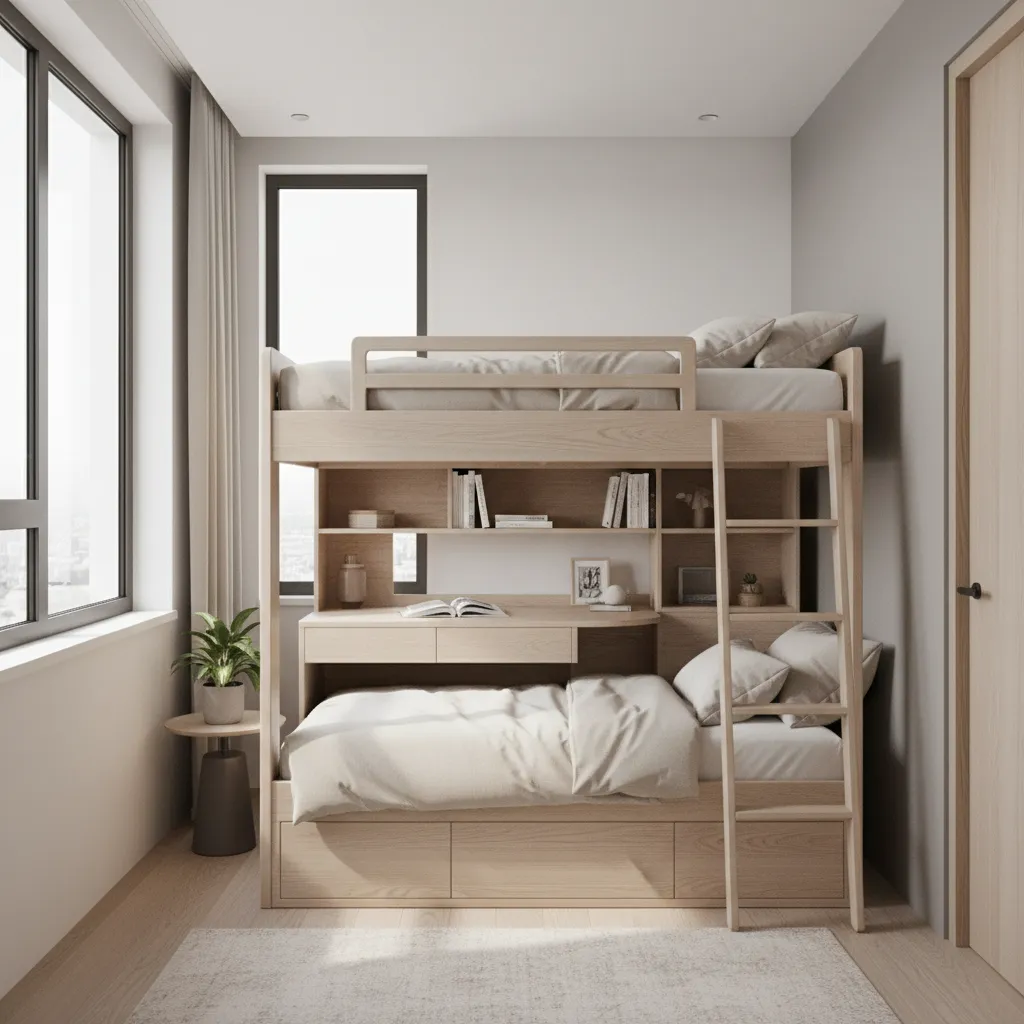 Well planned bunk bed layout with clear ladder access and safe walking space