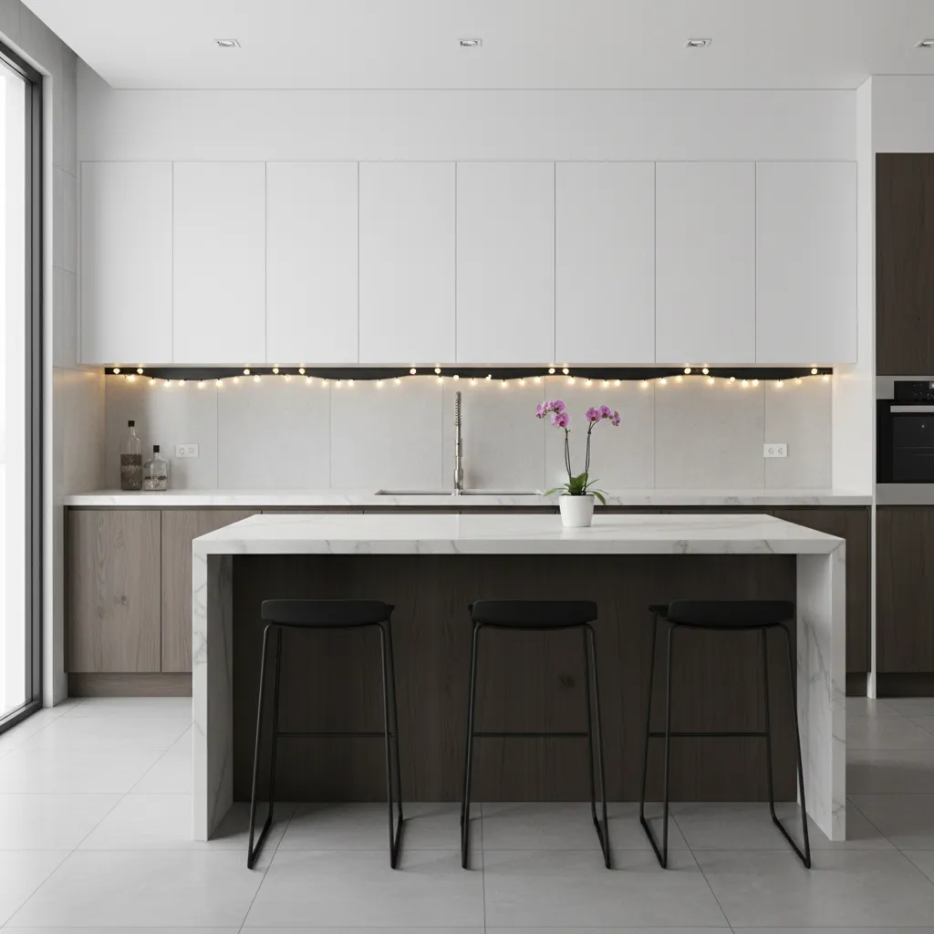 Kitchen cabinets with Christmas lights installed safely away from sink area