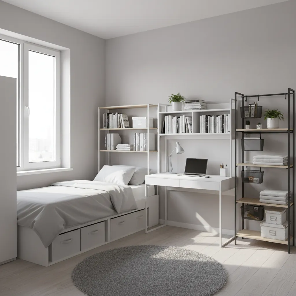 freestanding dorm shelving tension pole organizer and under bed storage bins