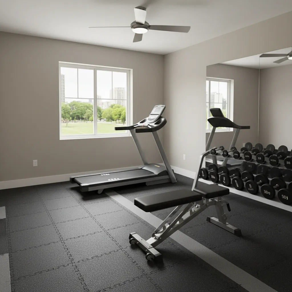 Small home gym layout showing safe spacing around treadmill and bench