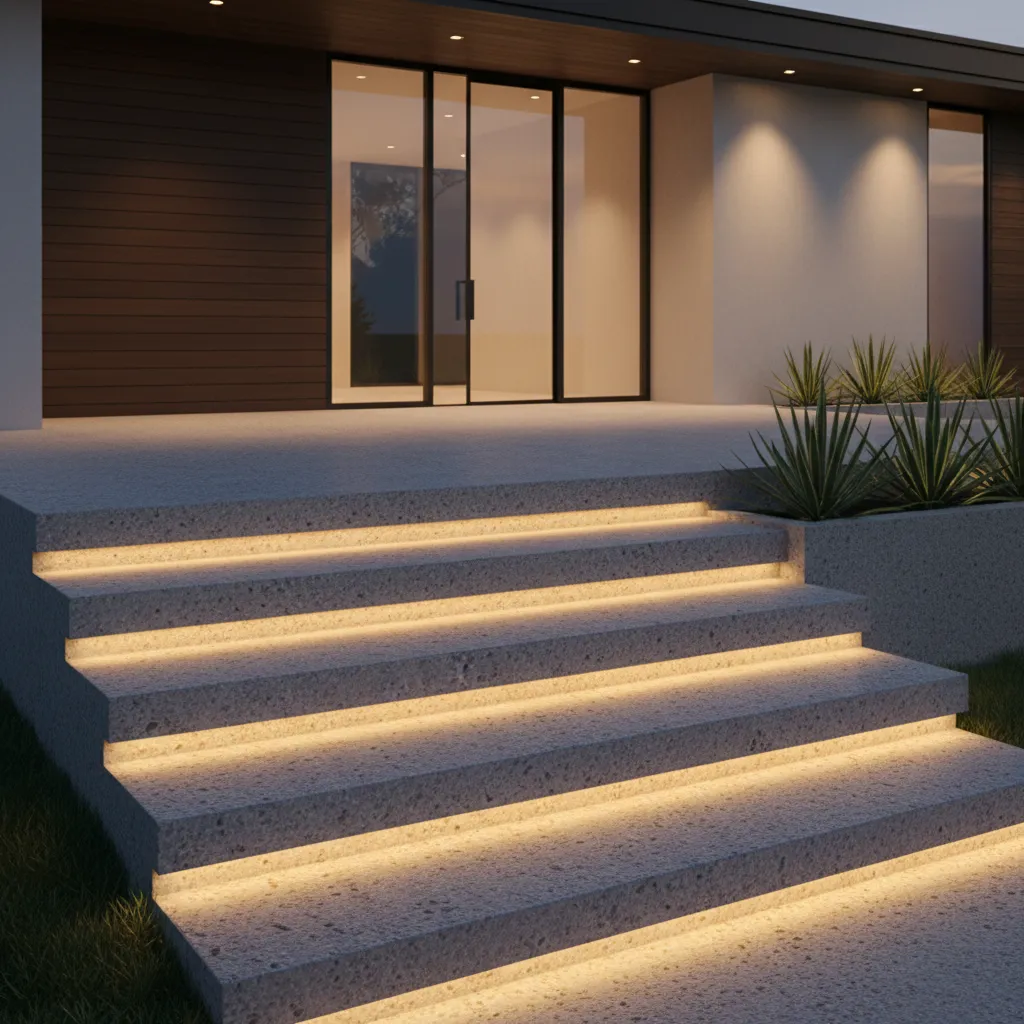 Exterior house steps with wide landing and safety lighting