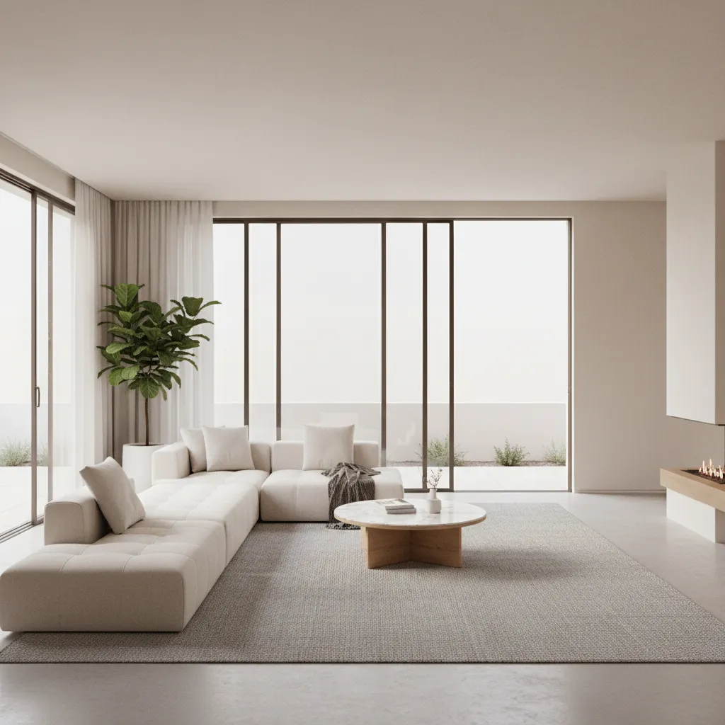 Sofa positioned safely away from sliding glass door in modern living room