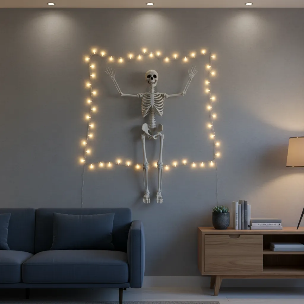 Skeleton wall decoration placed safely away from string lights