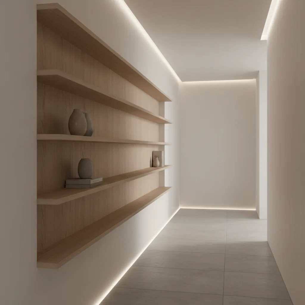 Diagram style interior view showing safe shelf depth in hallway
