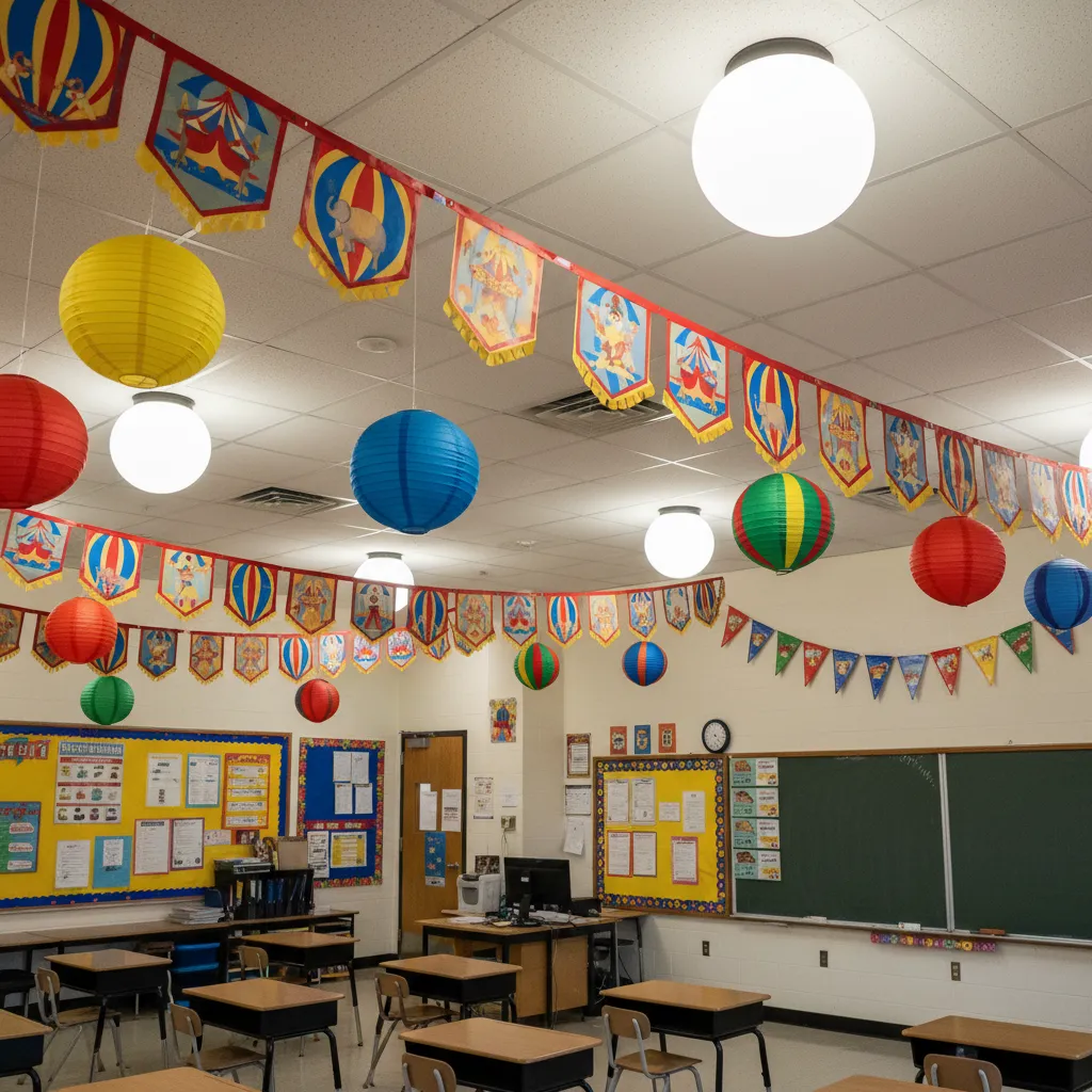 classroom ceiling decorations safely hung with clips and fishing line