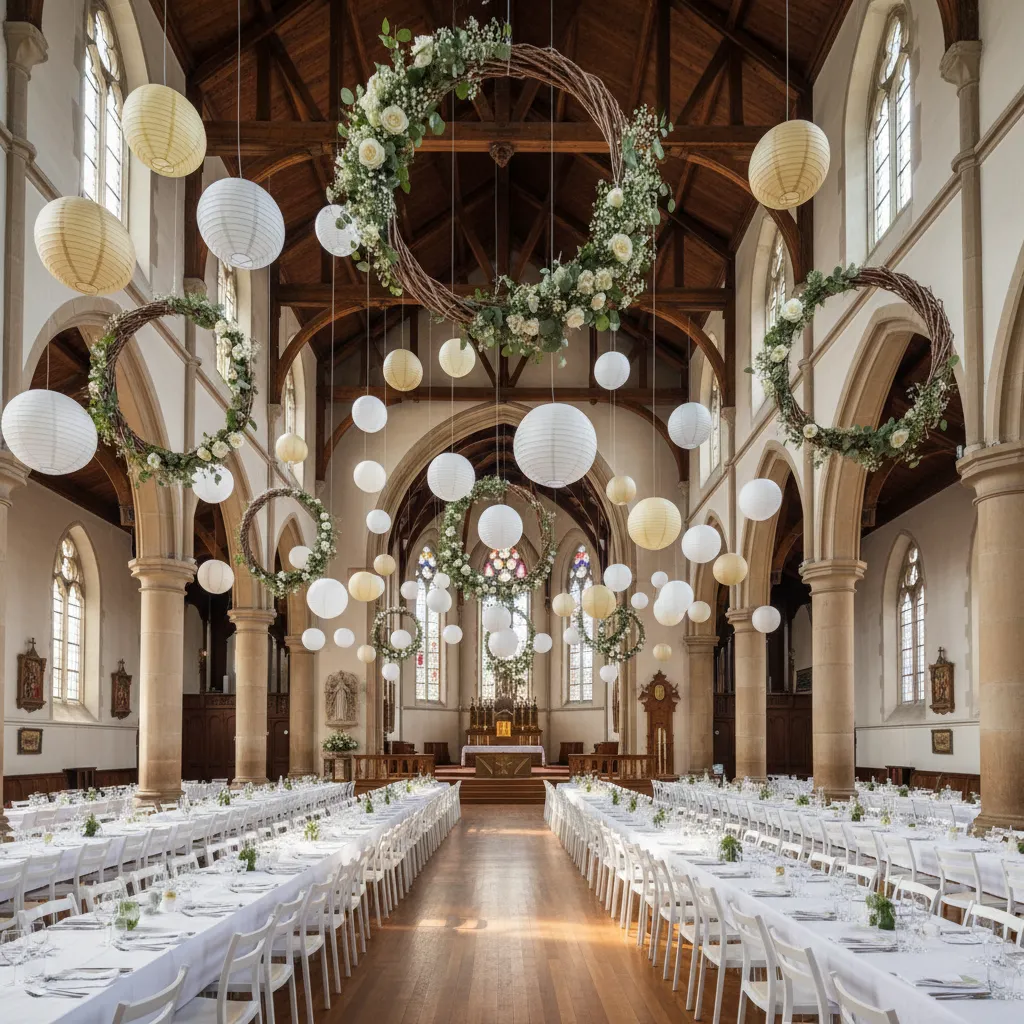 Safely installed hanging decorations in church hall for Communion celebration