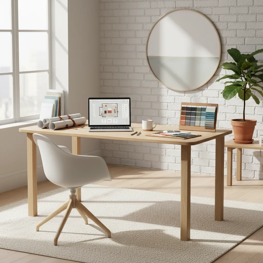 Interior design planning workspace with laptop showing room layout planning