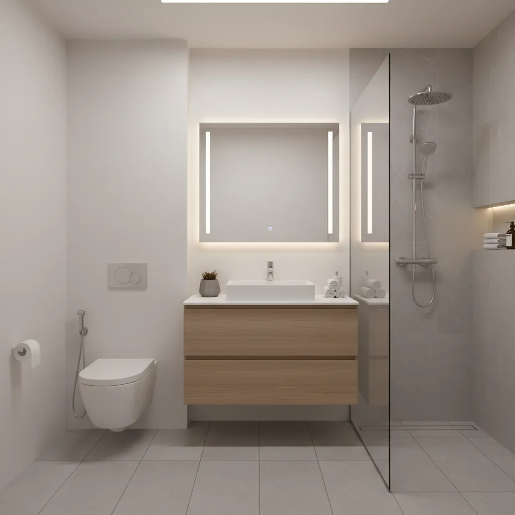 small interior bathroom without windows used as safer tornado shelter space