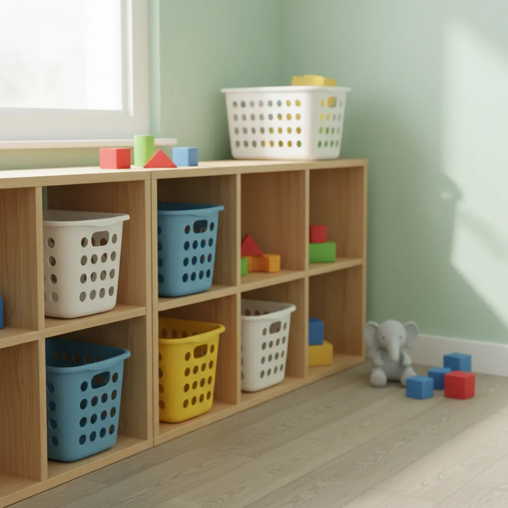Rounded edge plastic laundry containers safe for children in classroom