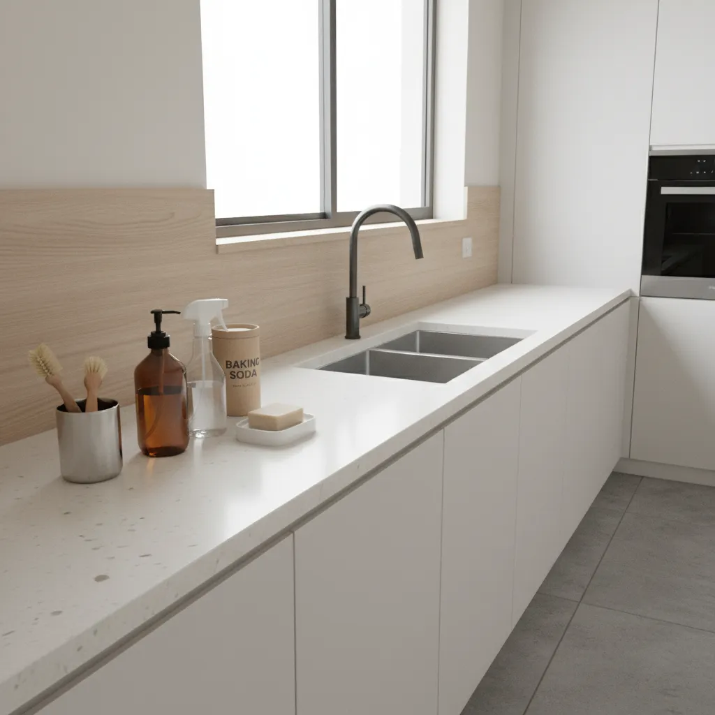 Kitchen-safe cleaning products arranged near a modern sink