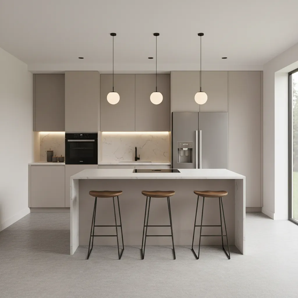 Kitchen interior with slip resistant flooring and safe spacing around cooking area