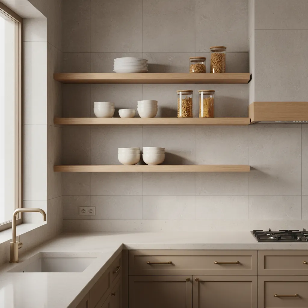 Kitchen wall with properly installed open shelves away from cooktop