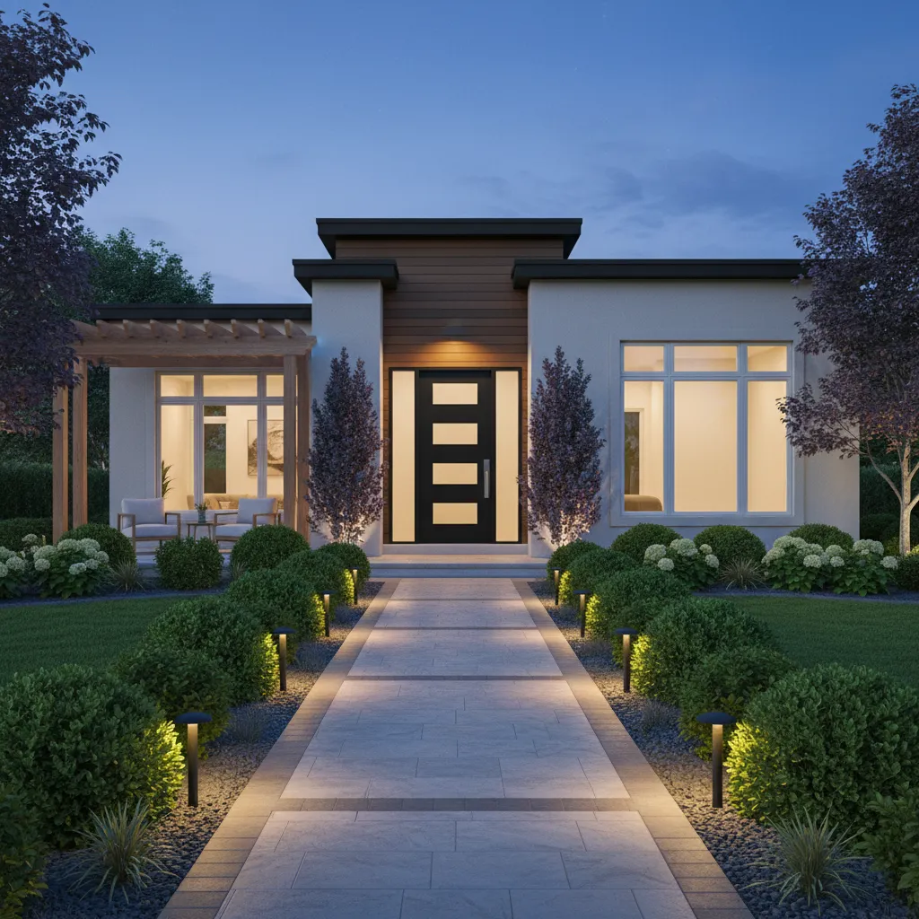 front entrance landscaping with low shrubs and clear pathway lighting