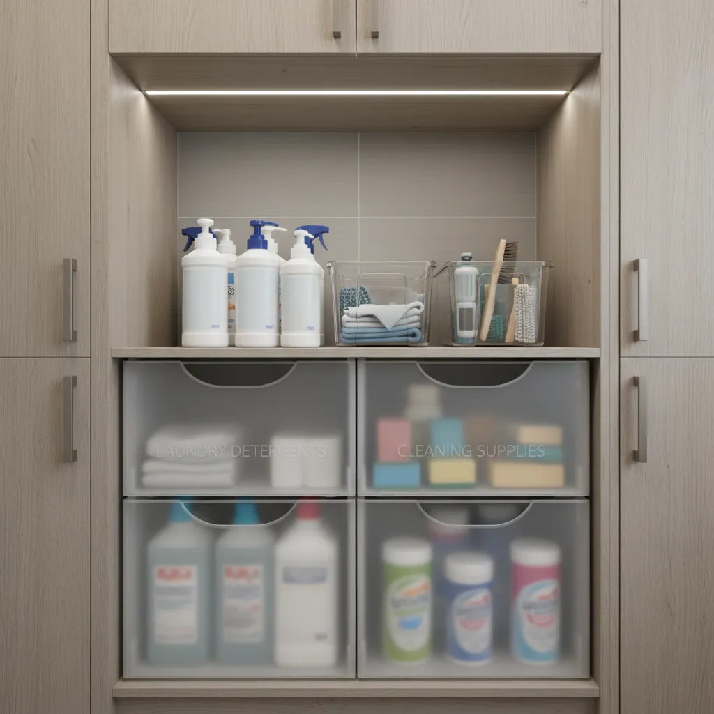 Laundry cabinet storage with bottles and cleaning supplies organized in clear and frosted plastic bins