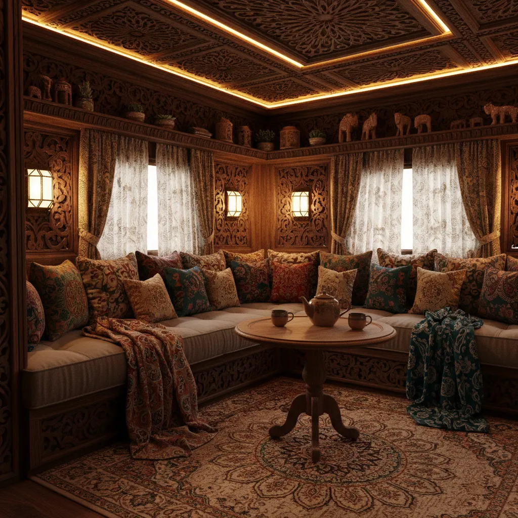 LED lighting inside bohemian caravan interior with fabric decorations