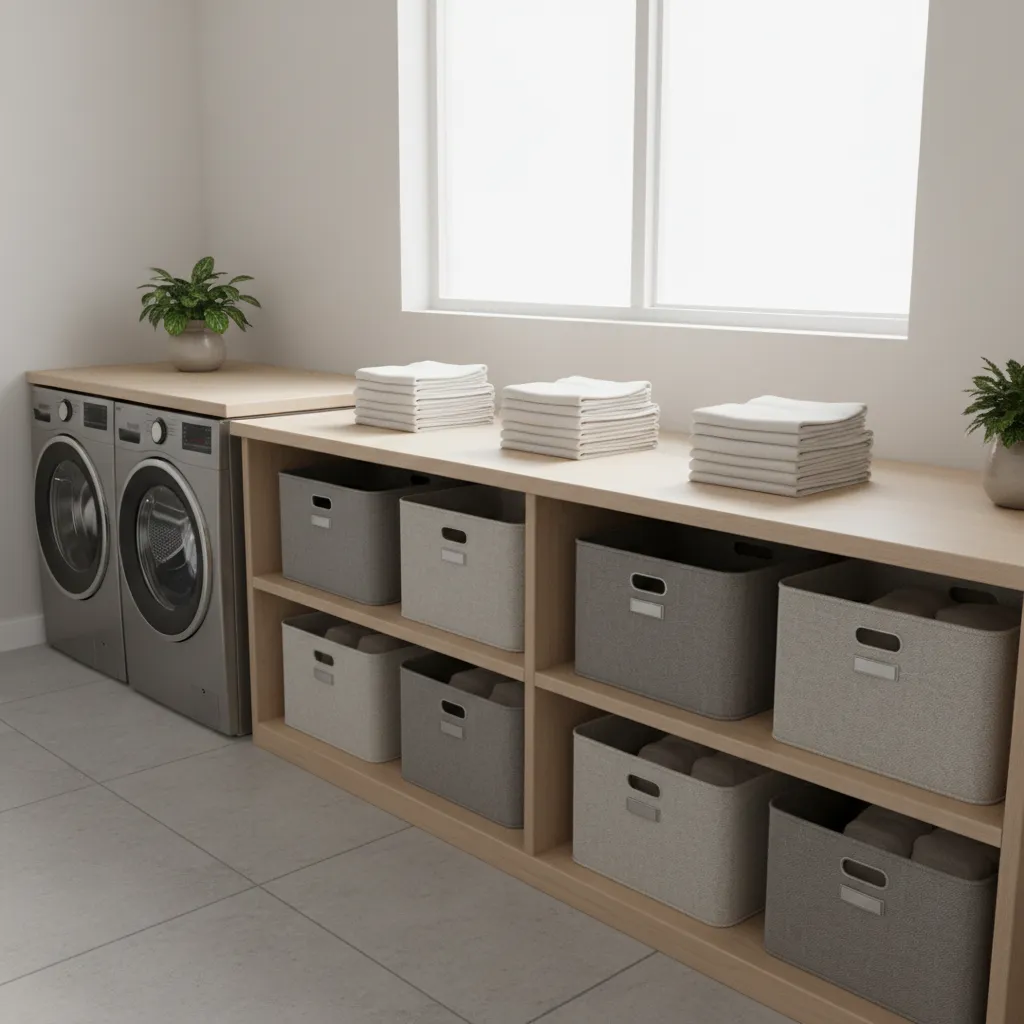 clean folded towels prepared for sealed storage in laundry room