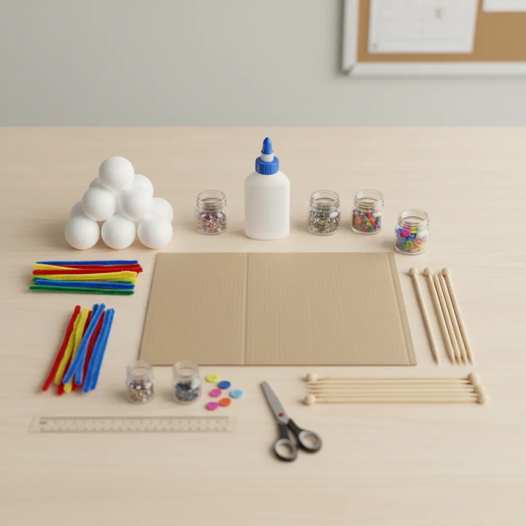 Craft materials like foam balls pipe cleaners and wooden skewers for safe atom model building