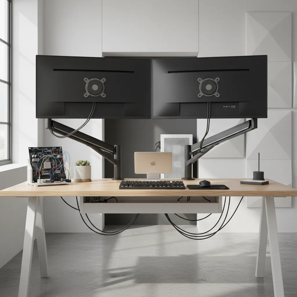 monitor arm setup with proper airflow and organized cables