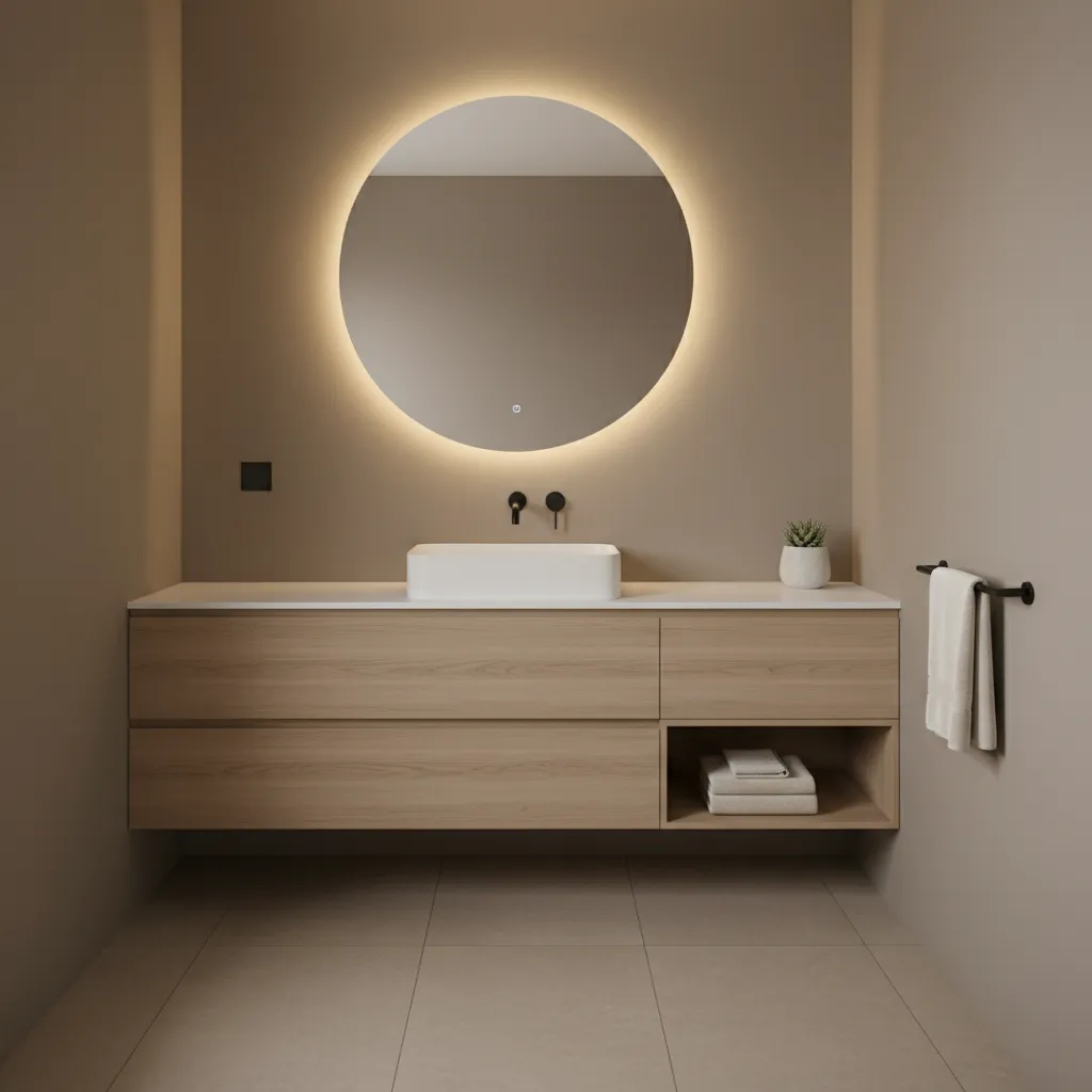 small bathroom with warm greige wall paint and soft lighting