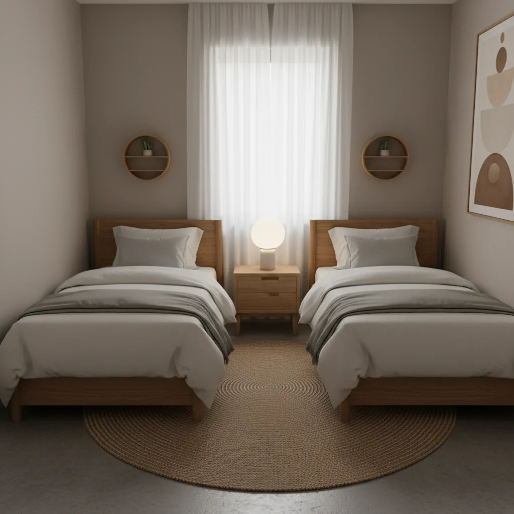 two twin beds with a small safe nightstand between them in a tight bedroom