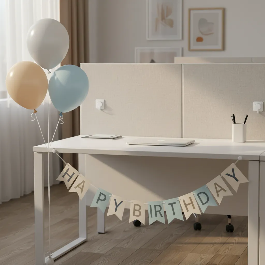 close view of safe office birthday decoration materials like fabric banner and latex balloons