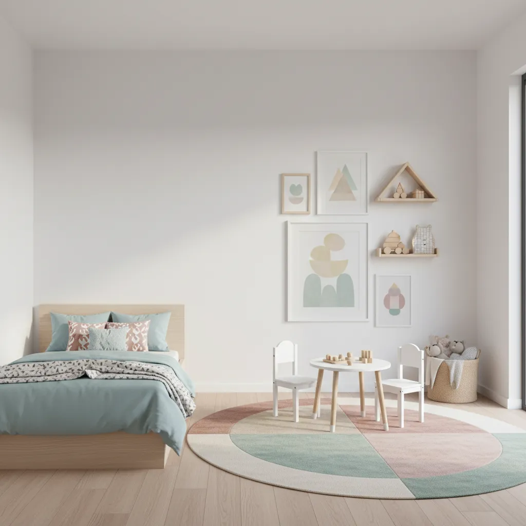 Kids bedroom showing safe placement zones for wall decorations away from bed