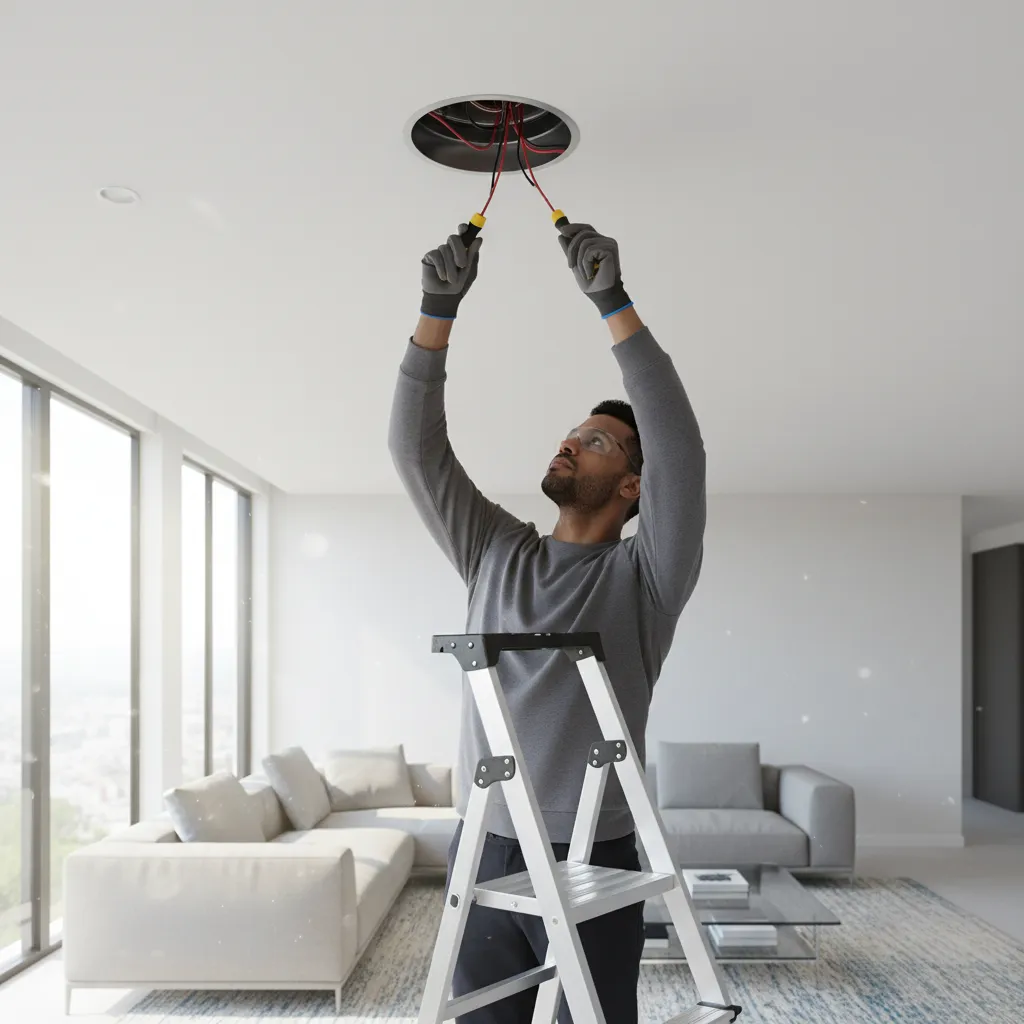 Person safely removing recessed can light housing using insulated tools