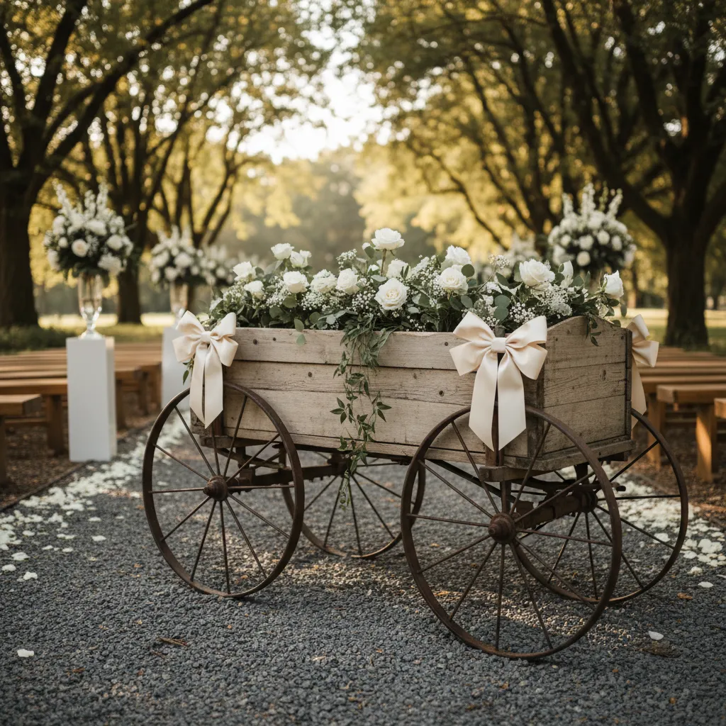 wedding wagon with short ribbon bows safely placed above the wheels