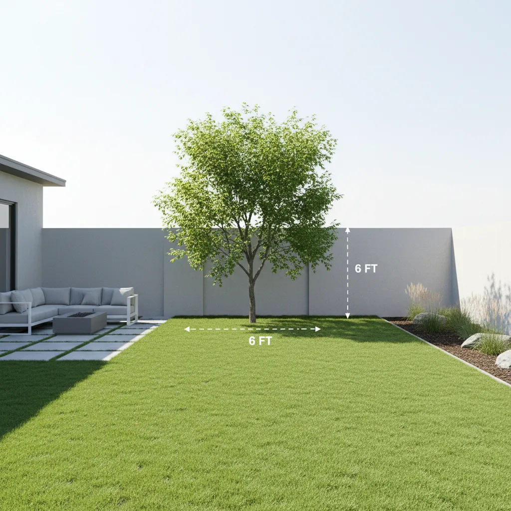 Backyard layout showing recommended safe planting distance between tree and boundary wall